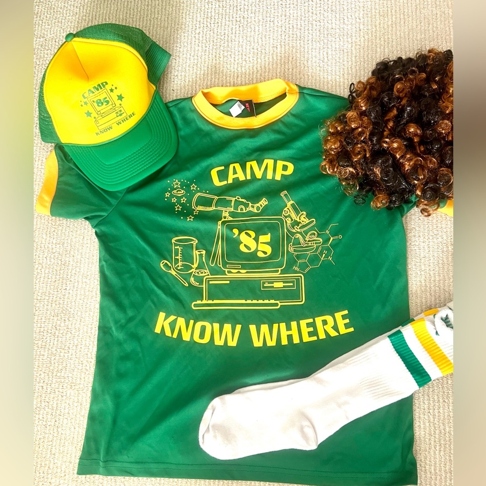 EUC Stranger Things Dusty Camp Know Where Costume Shirt Hat Socks Wig Halloween